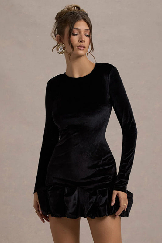 Crew Neck Long Sleeve Ruched Bubble Hem Velvet Mini Dress
