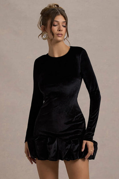 Crew Neck Long Sleeve Ruched Bubble Hem Velvet Mini Dress
