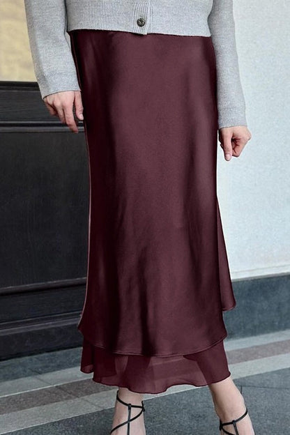 Satin Mesh Panel Double Layer Maxi Skirt