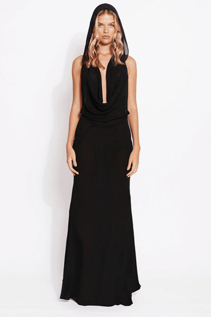Hooded Deep Cowl Neck Sleeveless Backless Maxi Dress