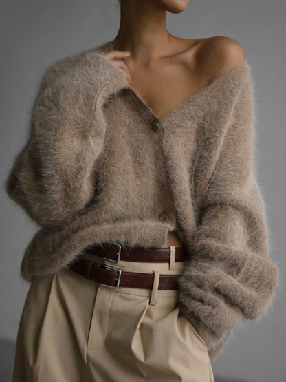 Fuzzy V Neck Loose Cardigan Sweater