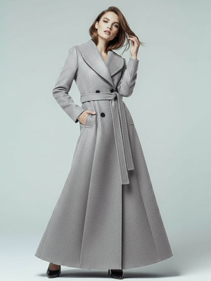 Woolen Belted Maxi Coat With Shawl Collar And Double-breasted For Women 2026