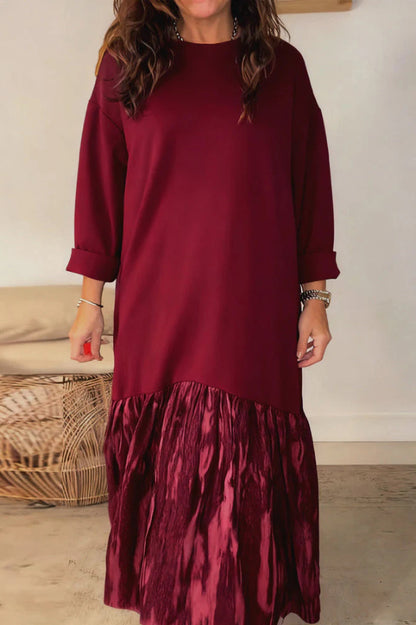 Fashionable Tie-dye Patchwork Round Neck Long Sleeve Pocket Loose Maxi Dress