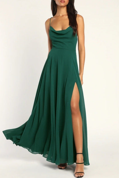 Cowl Neck Spaghetti Strap High Slit A-Line Chiffon Maxi Gown