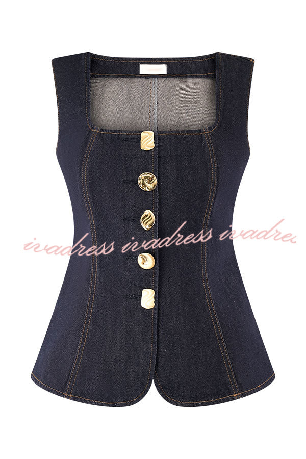 Stassi Denim Square Neck Unique Button Up Princess Seams Vest Top