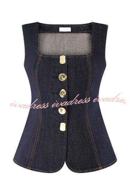 Stassi Denim Square Neck Unique Button Up Princess Seams Vest Top