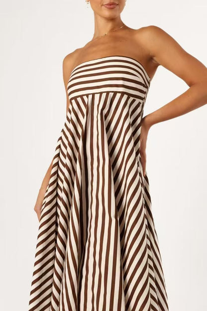 Strapless Multi Directional Chevron Stripe Panel Flared Maxi Dress