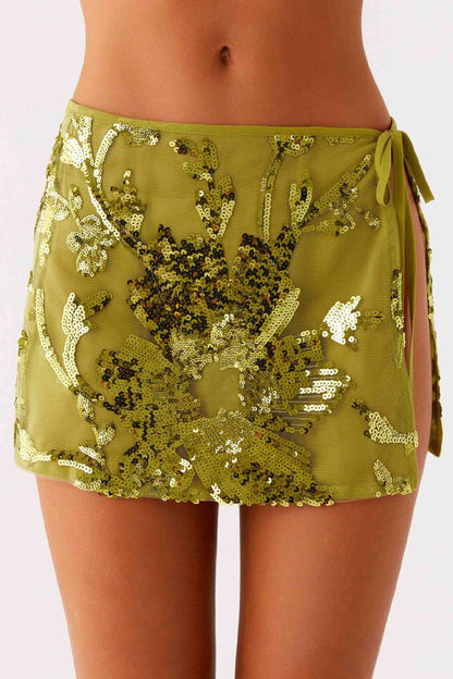 Stylish Sequined Tie-up Holiday Cover-up Mini Skirt