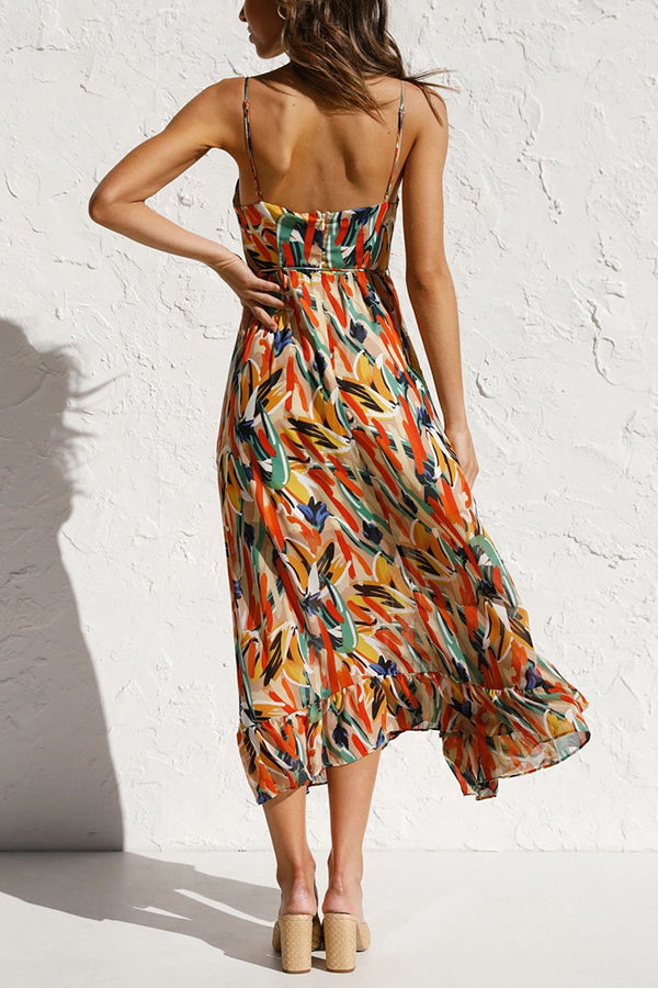 Abstract Brushstroke Print Spaghetti Strap Ruched Cup Tie-Waist Ruffle Hem Midi Dress