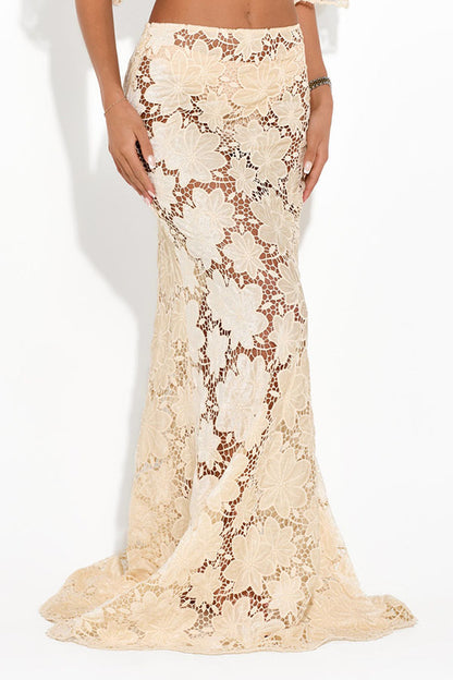 Modern Allure Floral Embroidery Lace Bell Sleeve Crop Top and High Rise Flare Maxi Skirt Set