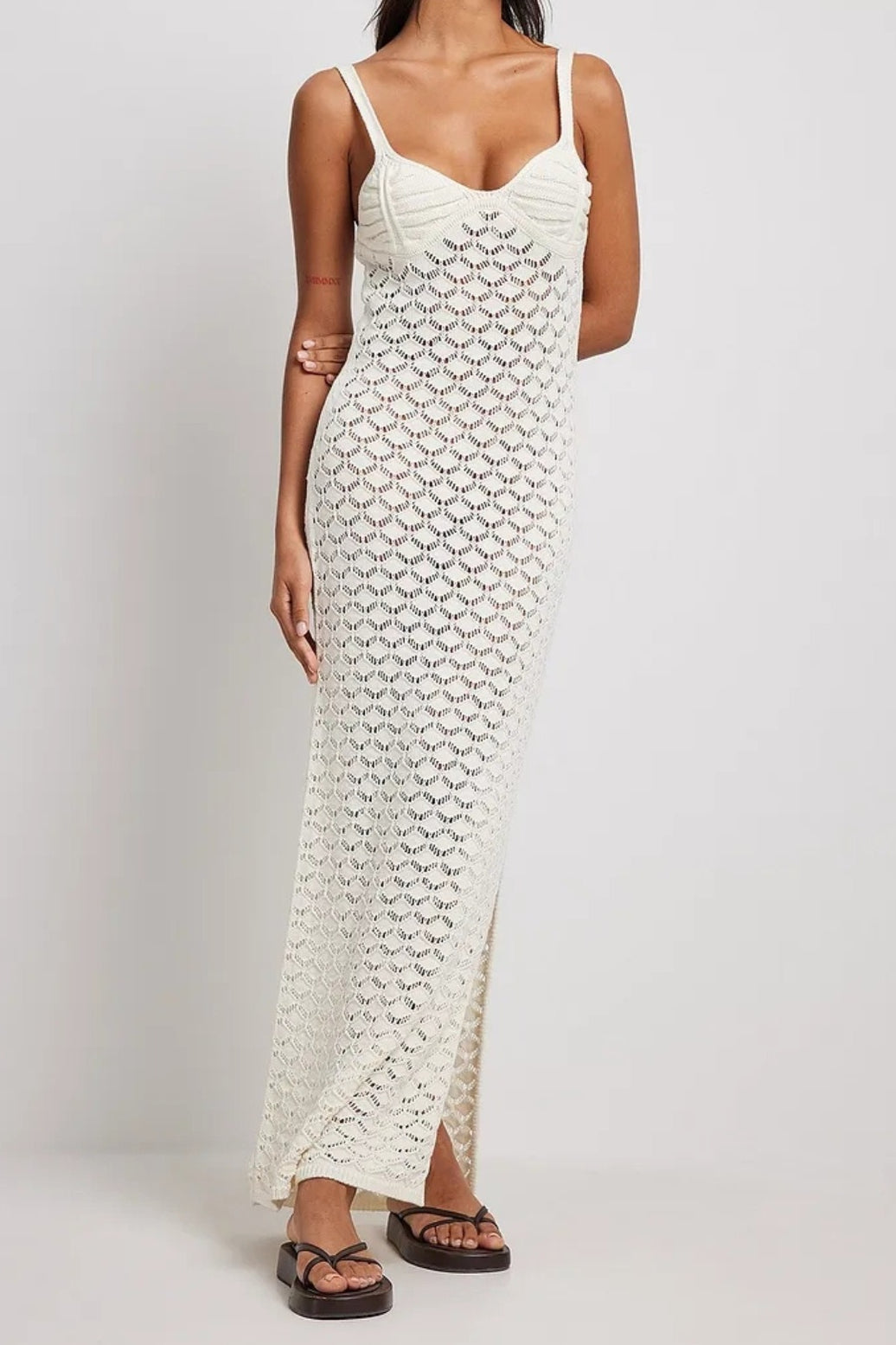 Pointelle Crochet Knit Sweetheart Spaghetti Strap Side Slit Maxi Dress