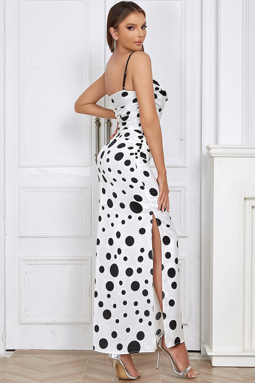 Polka Dot Cowl Folded Bust Spaghetti Strap Ruched Side-Slit Satin Maxi Dress