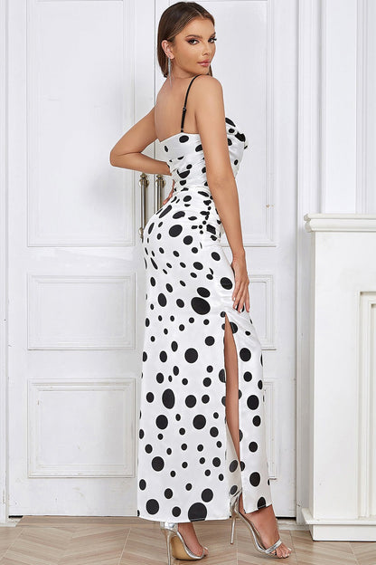 Polka Dot Cowl Folded Bust Spaghetti Strap Ruched Side-Slit Satin Maxi Dress
