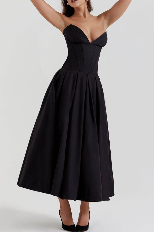 Strapless Corset Sweetheart Neckline Pleated Full Skirt Midi Dress