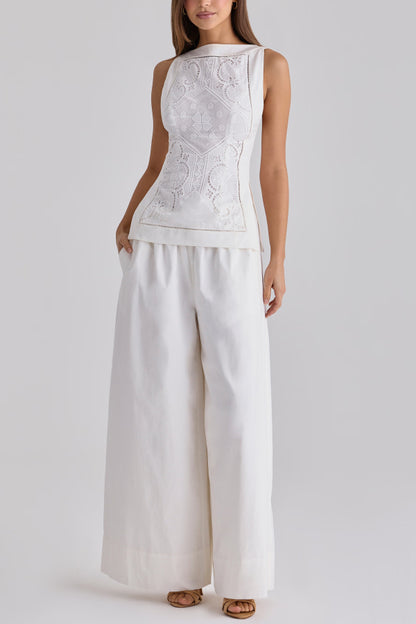 Exquisite and Beautiful Cutout Lace Embroidery Design Boat Neck Sleeveless Slit Top