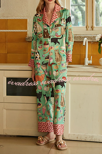 Coffee Cat Print Home Long Sleeve Two Piece Set