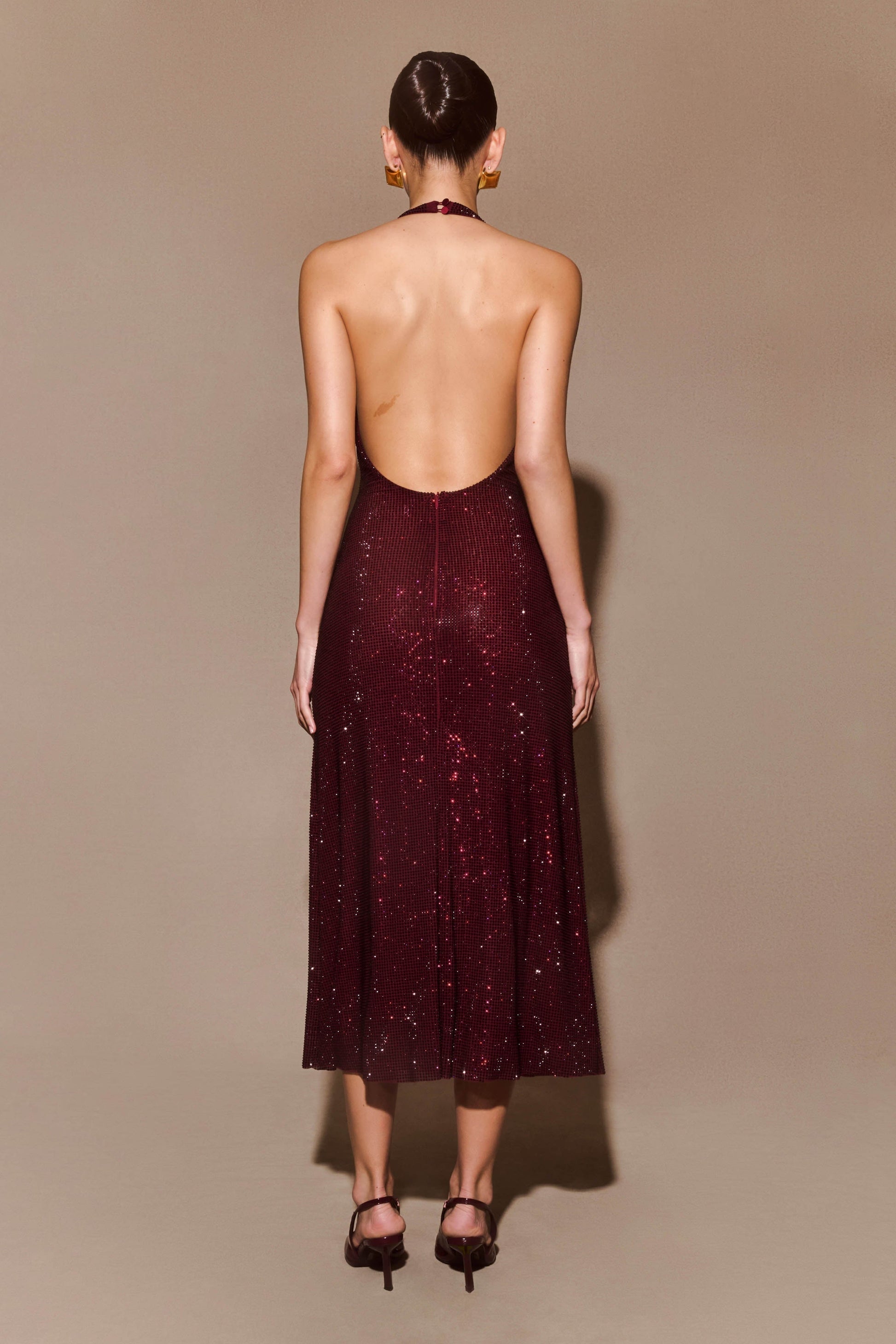 Deep V Neck Halter Sequin Shimmer Metallic Midi Dress