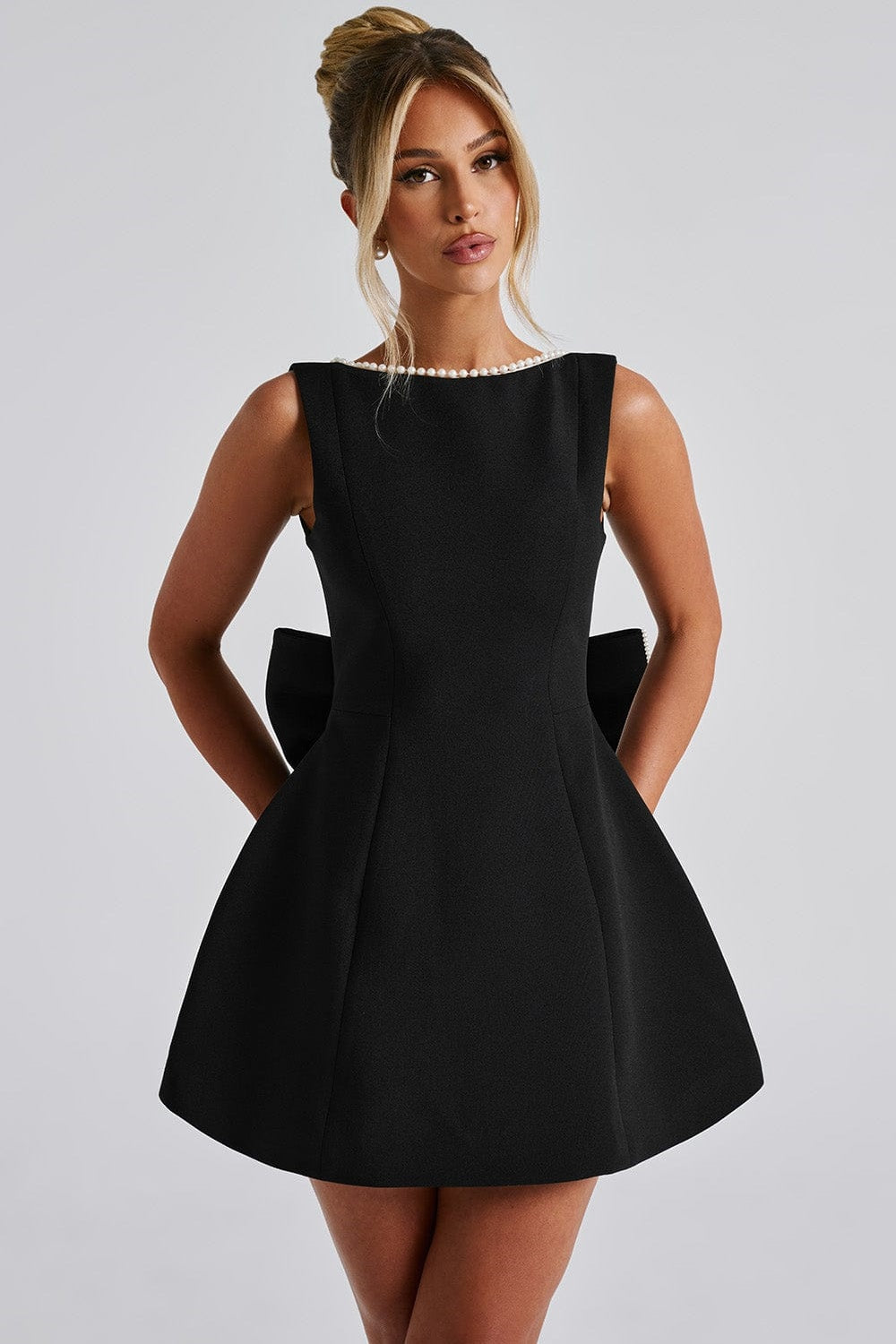 Pearl Trim Deep Scoop Back Oversized Bow Mini Dress