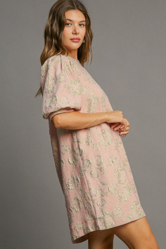 Metallic Floral Jacquard Crew Neck Puff Sleeve Shift Mini Dress