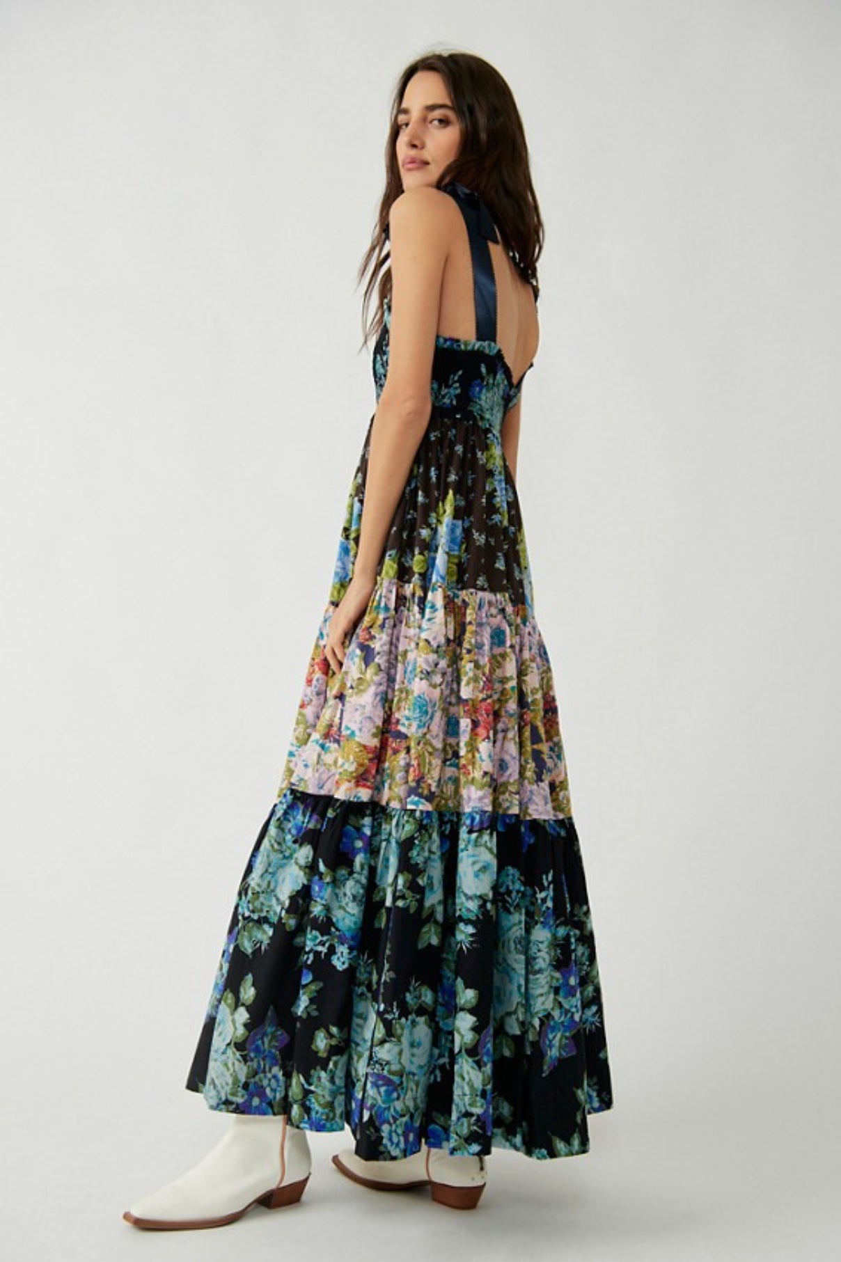 Smocked Sweetheart Neck Tie Shoulder Tiered Floral Paisley Maxi Dress
