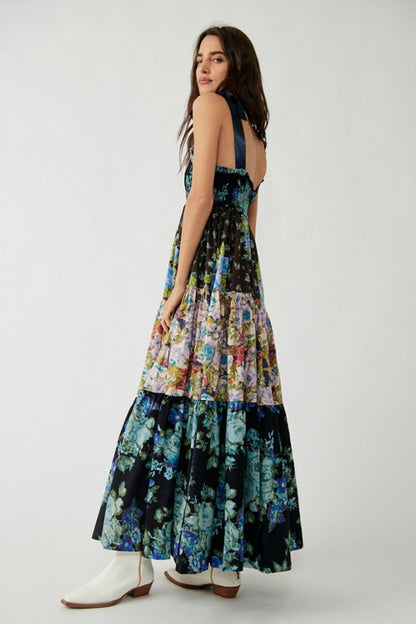 Smocked Sweetheart Neck Tie Shoulder Tiered Floral Paisley Maxi Dress