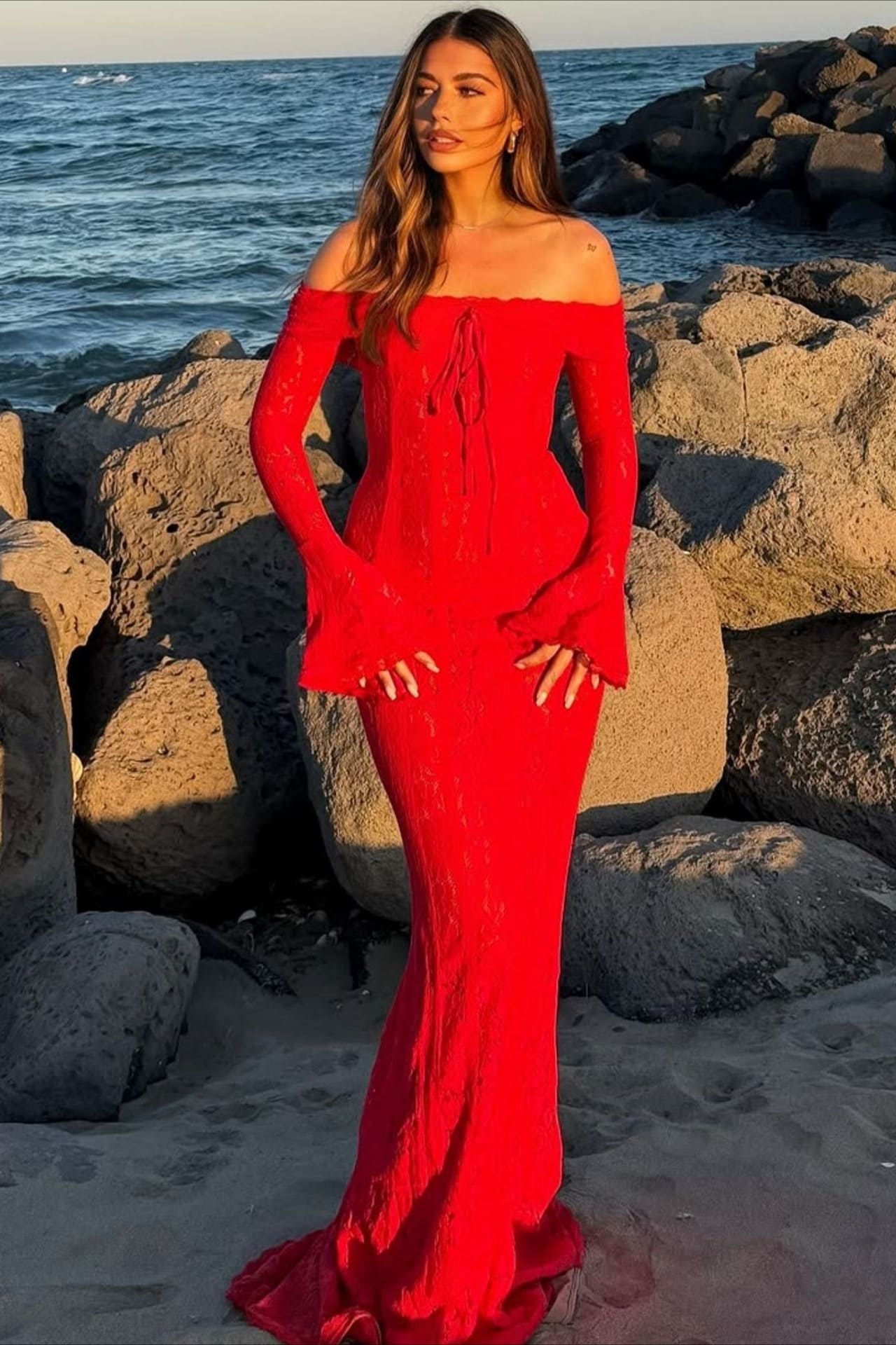 | Off Shoulder Lace Flare Sleeve Fitted Maxi Dress