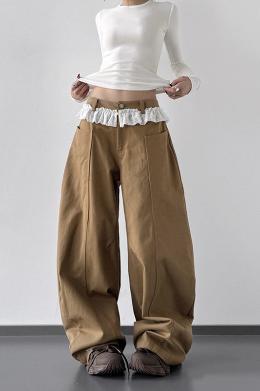 High Waist Lace Paneled Straight Wide Leg Floor Length Jeans