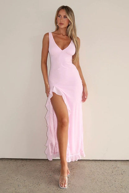 V-Neck Ruffled Slit Cami Midi Dress