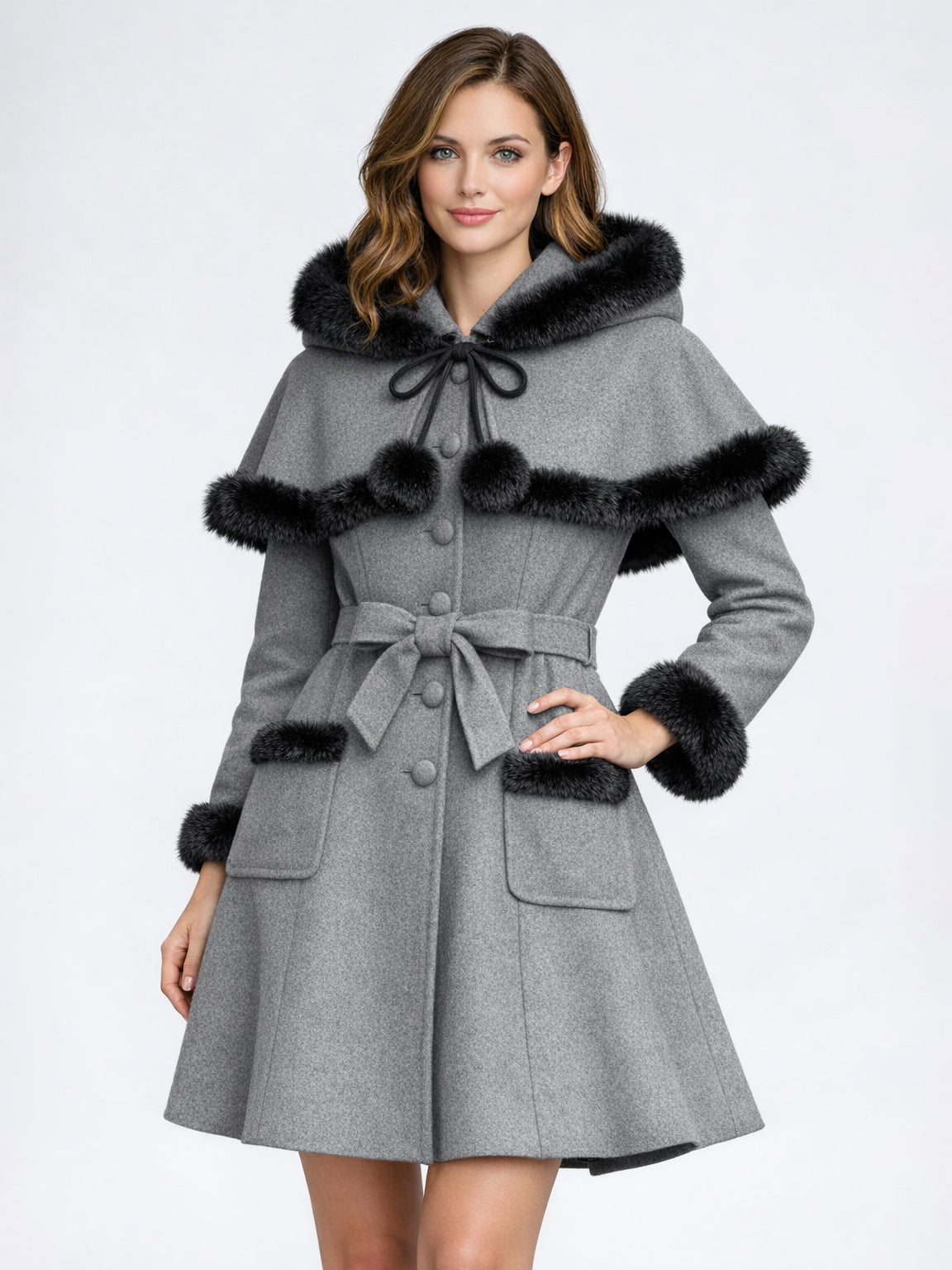 Faux Fur Trimmed Belted Wool Blend coat With Hooded Cape For Women 2026