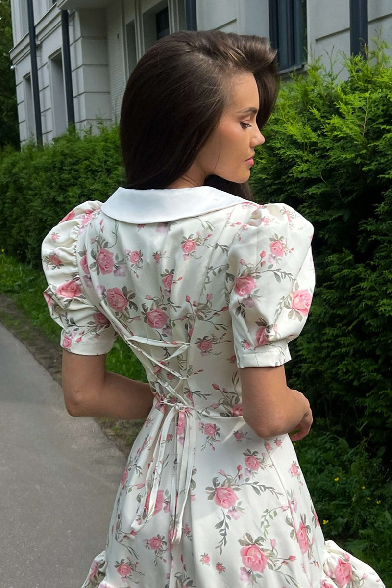 Floral Print Oversized Pointed Collar Puff Sleeve Button Front Tiered Mini Dress