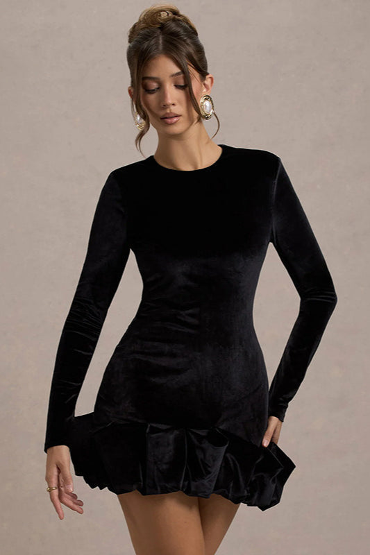 Crew Neck Long Sleeve Ruched Bubble Hem Velvet Mini Dress