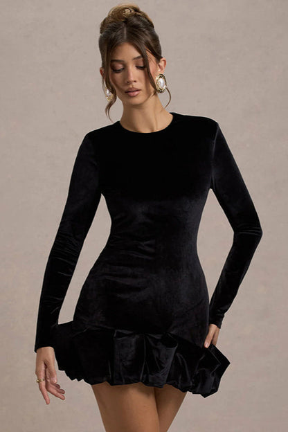 Crew Neck Long Sleeve Ruched Bubble Hem Velvet Mini Dress