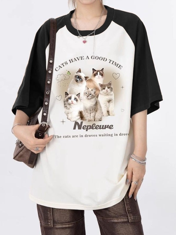 Vintage Cat Print Raglan Oversized Short Sleeve Tee