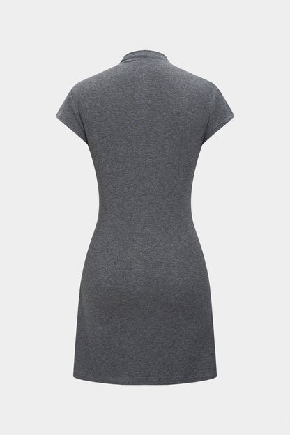 Mock Neck Cap Sleeve Button Front Bodycon Shirt Mini Dress