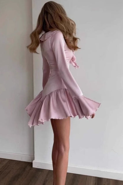 Tie Neck Deep V-Neck Ruffle Trim Flare Cuff Long Sleeve Mini Dress