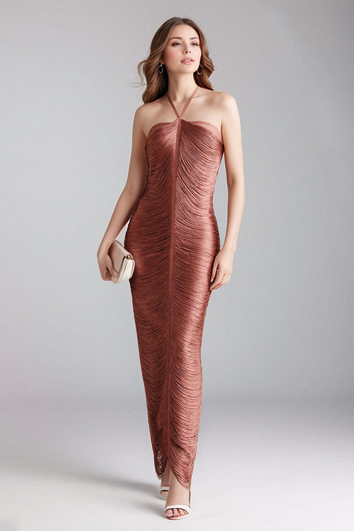 Metallic Fringe Halter Chevron Panel Bodycon Maxi Gown