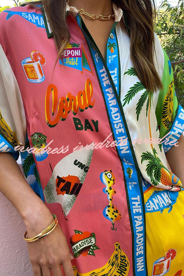 Kissed By The Sun Satin Unique Print Colorblock Button Down Oversized Blouse
