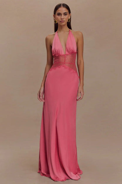 Deep V High-Waist Halter Backless Midi Silk Dress