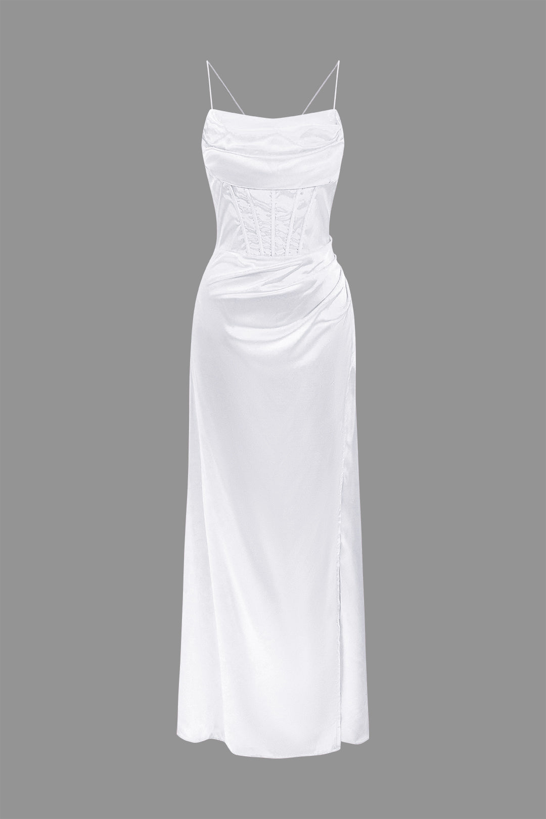 Cowl Neck Corset Bodice Spaghetti Strap Satin High Slit Maxi Dress