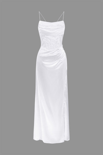 Cowl Neck Corset Bodice Spaghetti Strap Satin High Slit Maxi Dress