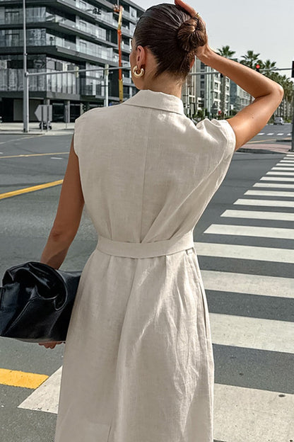 Linen Cotton High Waist Slit Tie Maxi Dress