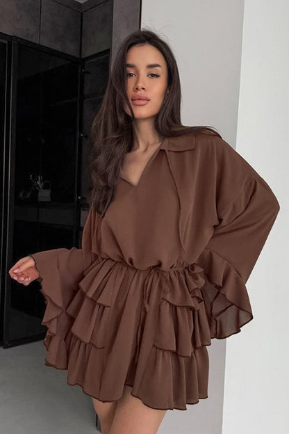 Point Collar V Neck Wide Bell Sleeve Drawstring Waist Tiered Ruffle Mini Dress