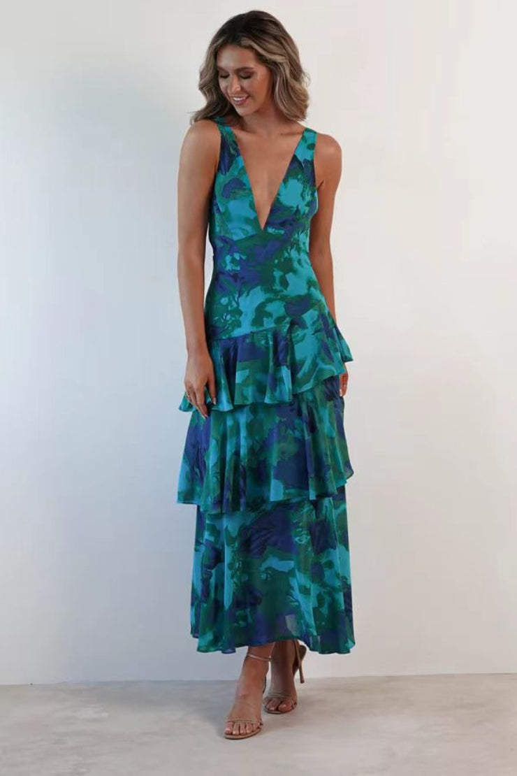 Deep V Neck Sleeveless Tiered Ruffle Floral Maxi Dress