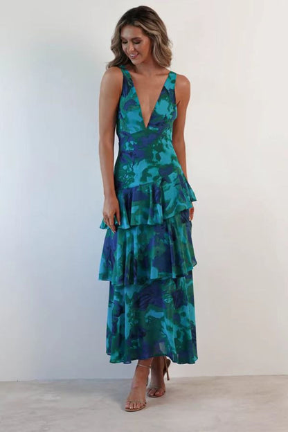Deep V Neck Sleeveless Tiered Ruffle Floral Maxi Dress