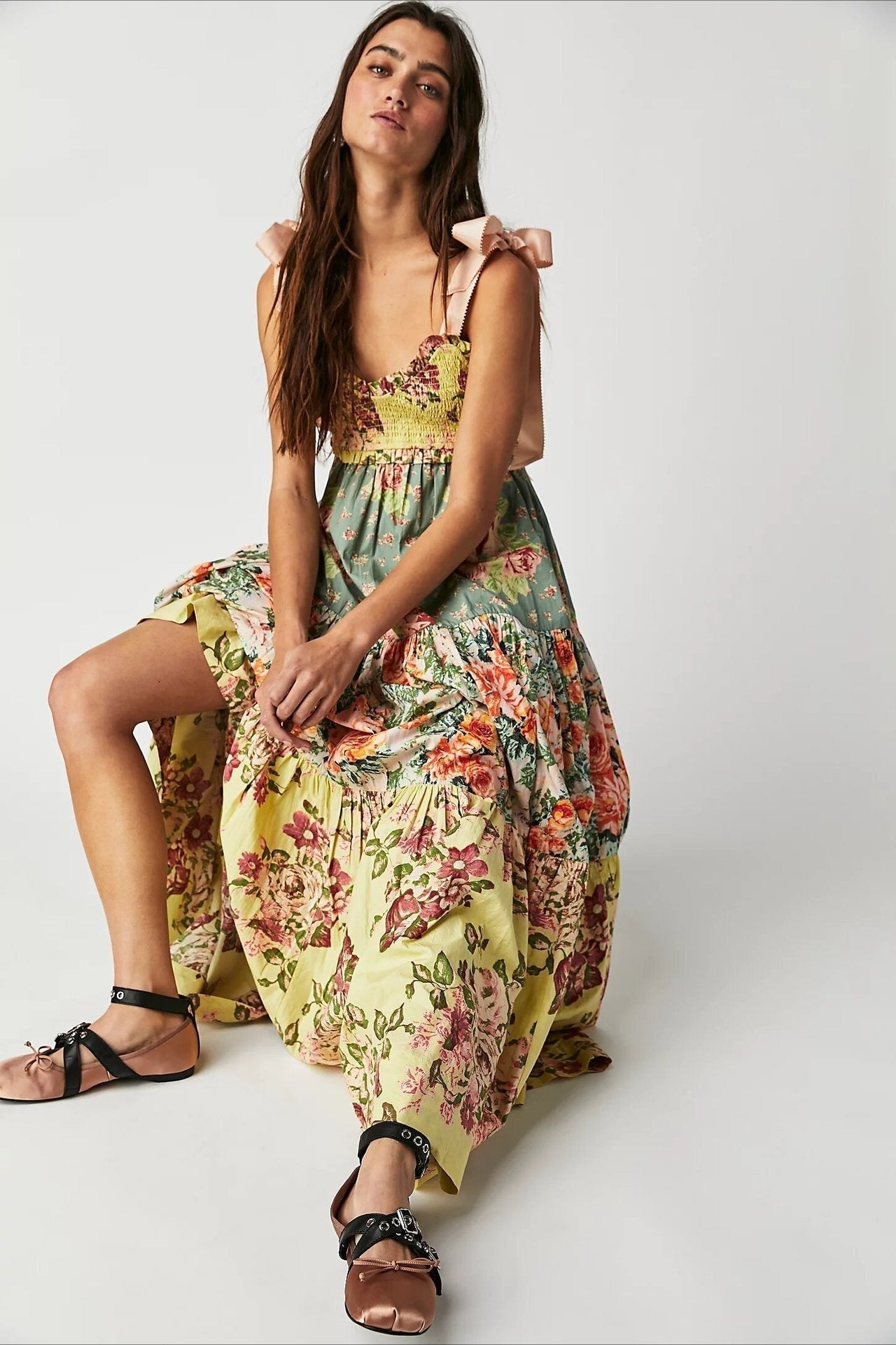 Smocked Tie Shoulder Bow Tiered Patchwork Floral Print Maxi Dress