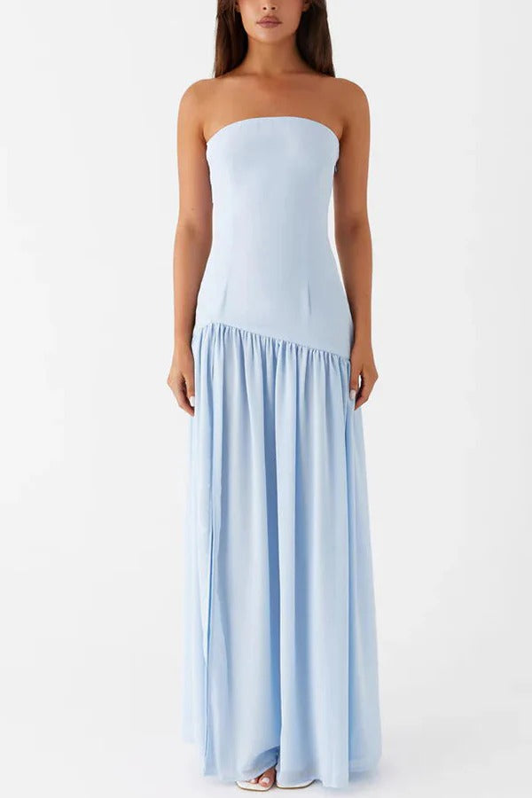Strapless Bandeau Drop-Waist Gathered Chiffon High-Slit Maxi Gown