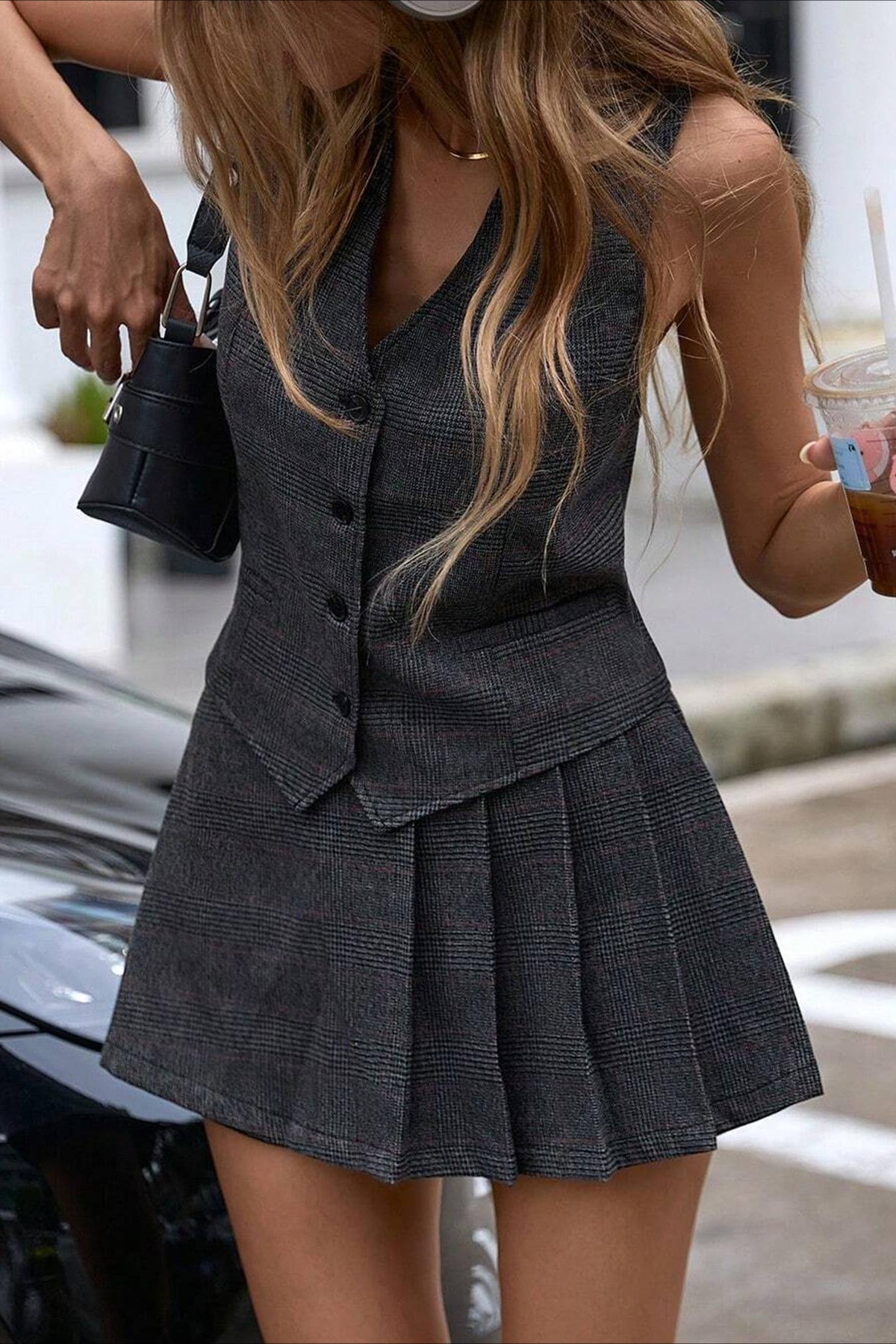 Casual Two Piece Vest Pleated Skirt Set