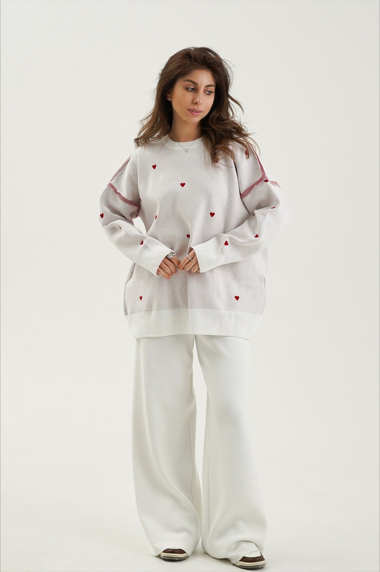 Oversized Heart Print Long Sleeve Knit Sweater