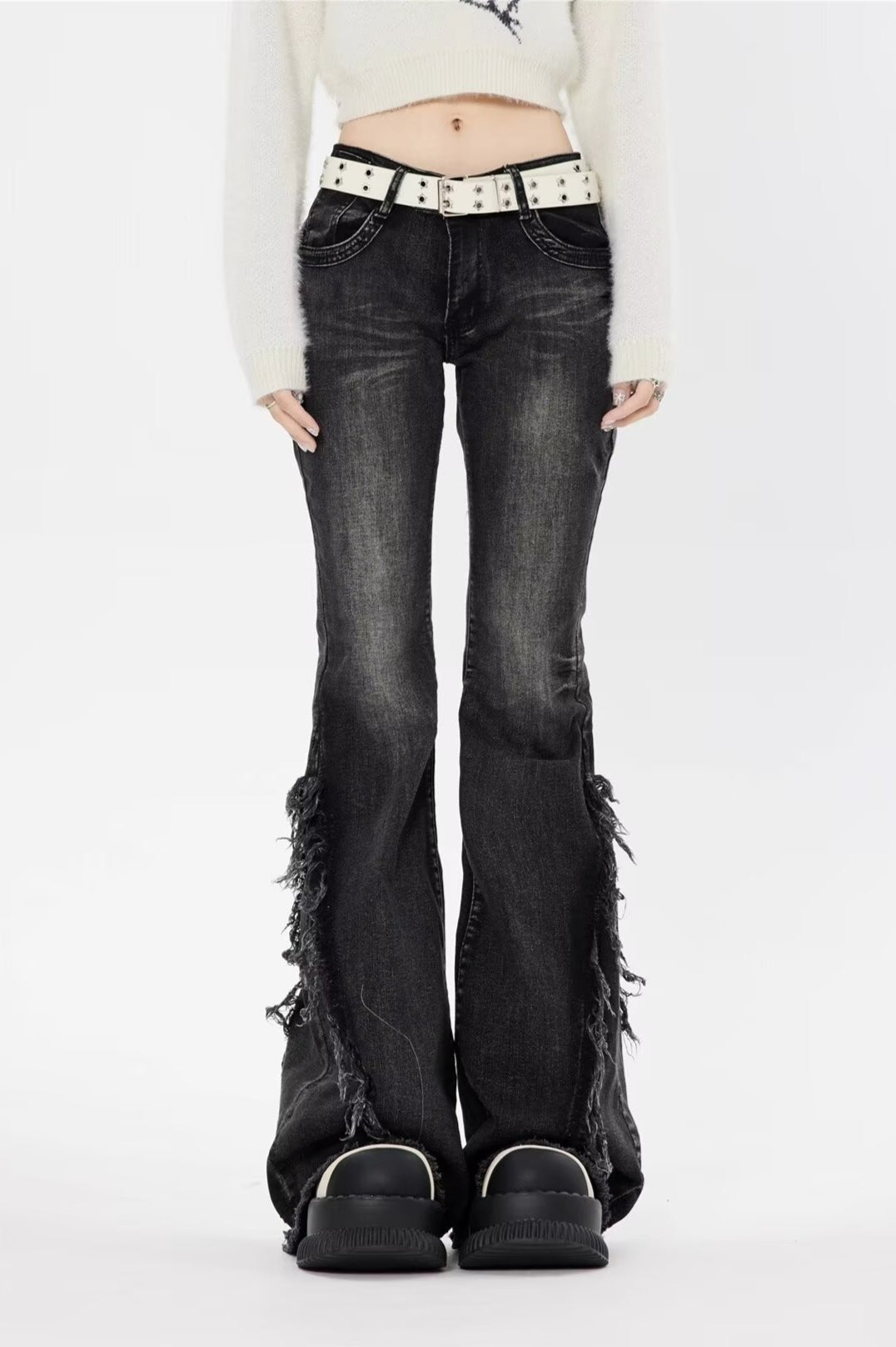 Black Low Rise Frayed Hem Long Flare Jeans