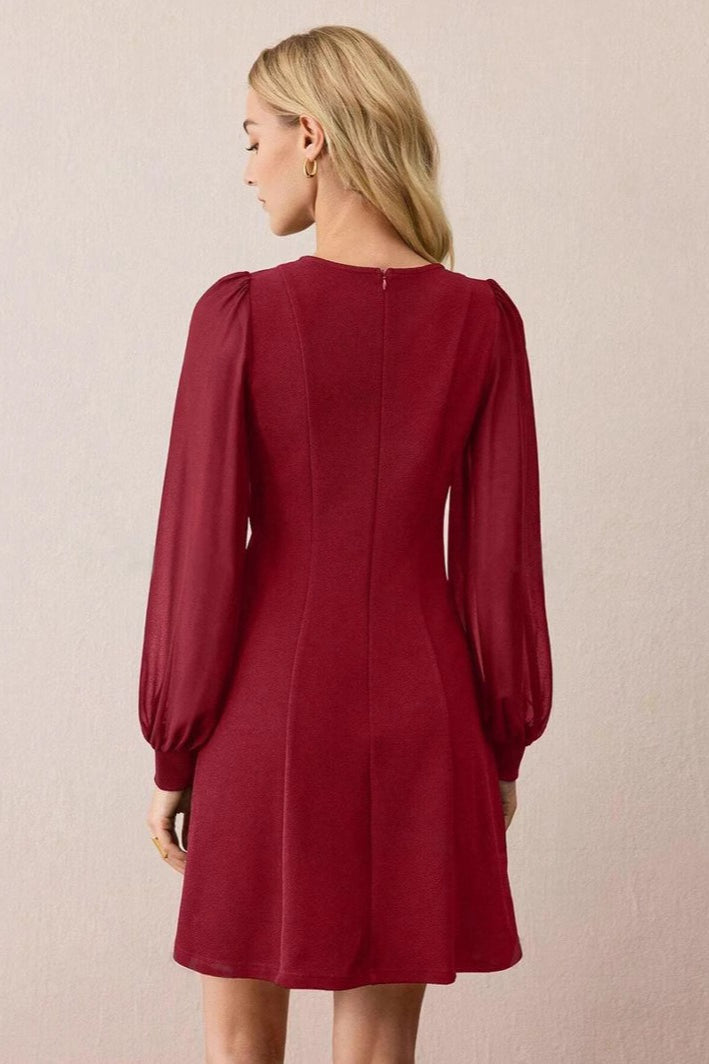 Crew Neck Sheer Puff Sleeve Asymmetric Button Detail A Line Mini Dress